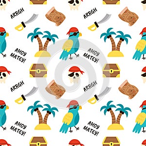 Pirate seamless pattern with pirate parrot and treasure island. Pattern for boys