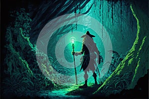 A pirate searches through a dark forest with a torch emitting a blue light. Generative AI