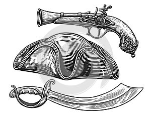 Pirate set. Saber, pistol, cocked hat. Hand drawn sketch vintage vector illustration