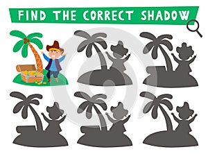 Pirate shadow matching activity. Treasure island hunt puzzle with cute pirate. Find correct silhouette printable