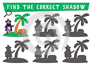 Pirate shadow matching activity. Treasure island hunt puzzle with cute pirates. Find correct silhouette printable