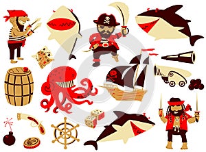 Pirate and shark characters and nautical objects
