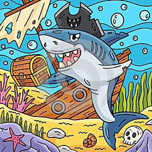 Pirate Shark with a Treasure Chest Colored Cartoon