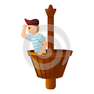 Pirate at ship basket icon, cartoon style