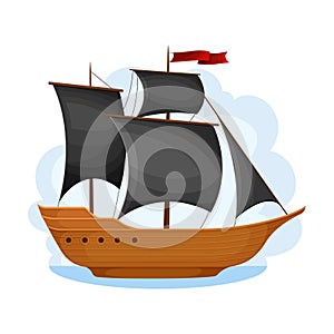 Pirate Ship with Black Sails and Square Rigged Mast Navigating Upon Water Vector Illustration