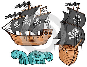 Pirate ship or boat illustration, isolated on white background, cartoon sea pirate ship, sailing ship at sea
