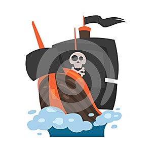 Pirate Ship or Caravel with Black Sail and Flying Flags with Skull and Crossbones Vector Illustration