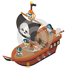 Pirate ship crew buccaneer filibuster corsair sea dog sailors captain fantasy RPG treasure game isometric flat design