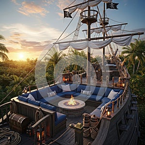 Pirate ship deck with fire pit at sunset