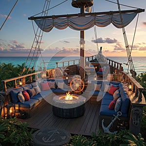 Pirate ship deck with fire pit at sunset