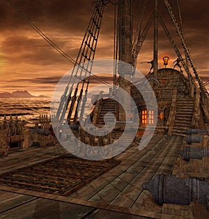 Pirate Ship Deck with Stairs and Cannons