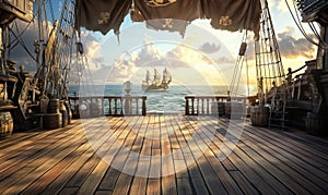 Pirate ship deck with sunset view and distant sailing ship on horizon