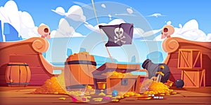 Pirate ship deck with treasure chest, gold coins