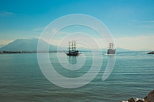 Pirate ship for the entertainment of tourists sailing on the sea. Alanya, Antalya district, Turkey, Asia