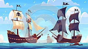 The pirate ship and galleon before and after sea battle. Fighting sailboats with cannons. Modern cartoon set of wooden