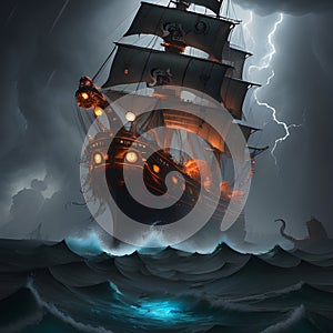 Pirate ship on high seas fighting sea creatures and heavy storms