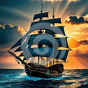 pirate ship on the high seas during An old ancient pirate