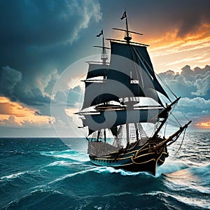 pirate ship on the high seas during An old ancient pirate