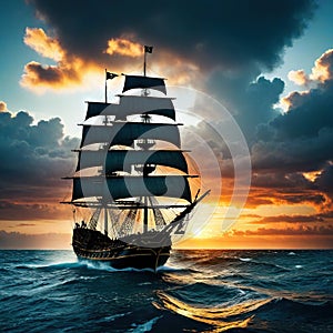 pirate ship on the high seas during An old ancient pirate