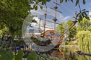 Pirate ship on the lake in the Tivoli Gardens Copenhagen.