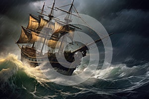 pirate ship navigating through a treacherous storm at sea