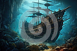 Pirate ship in the ocean. Fantasy landscape. 3D rendering, AI Generated