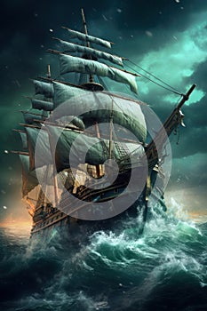 Pirate ship is in the ocean during heavy storm, dramatic sky. Beautiful illustration picture. Generative AI