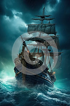 Pirate ship is in the ocean during heavy storm, dramatic sky. Beautiful illustration picture. Generative AI