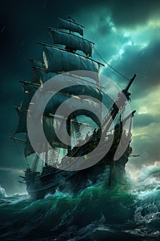 Pirate ship is in the ocean during heavy storm, dramatic sky. Beautiful illustration picture. Generative AI