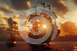 pirate ship on the ocean at sunset