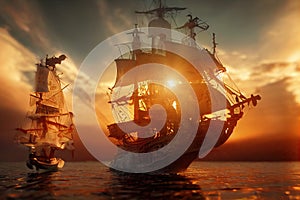 pirate ship on the ocean at sunset