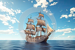 pirate ship sailing through calm, sunny day, with blue skies and fluffy clouds