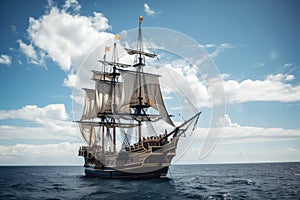 pirate ship sailing through calm, sunny day, with blue skies and fluffy clouds