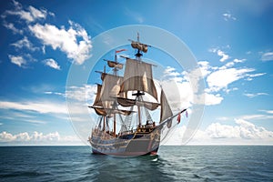 pirate ship sailing through calm, sunny day, with blue skies and fluffy clouds