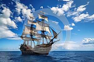 pirate ship sailing through calm, sunny day, with blue skies and fluffy clouds