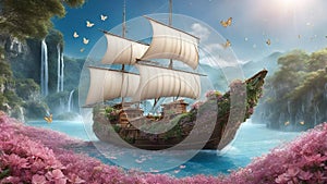 pirate ship sailing A fantasy sail boat in a sea of flowers, with waterfalls, butterflies, and fairies. The boat is made of wood