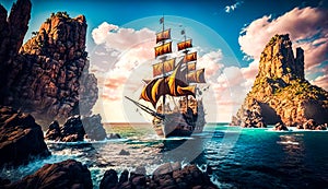 Pirate ship sailing in the ocean near some rocks. Generative AI