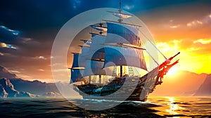 Pirate ship sailing in the ocean with sunset in the back ground. Generative AI