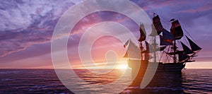 Pirate ship sailing on the ocean at sunset