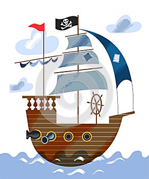 Pirate ship sailing in sea or ocean. Piratic ship with black flag with emblem, sails with patches, steering wheel