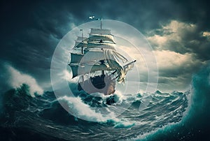 Pirate ship sailing at storm on the sea. Generative AI