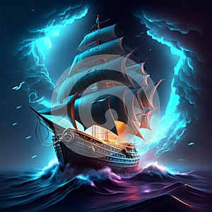 Pirate ship sailing in the stormy sea. 3d illustration AI generated