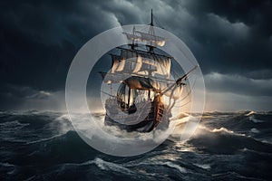 pirate ship sailing on stormy sea, with lightning flashing in the sky