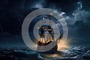 pirate ship, sailing on stormy sea, with lightning in the sky