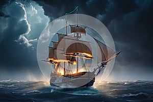 pirate ship, sailing on stormy sea, with lightning in the sky