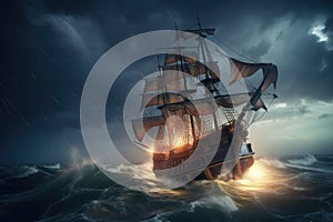 pirate ship sailing through stormy sea, with lightning striking the water