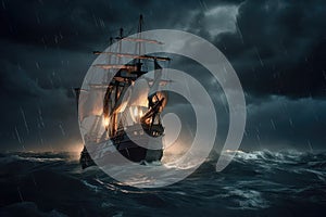 pirate ship sailing through stormy sea, with lightning striking the water