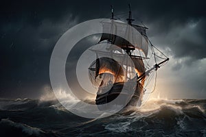 pirate ship sailing through stormy sea, with lightning striking the water