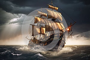 pirate ship sailing on stormy sea, with lightning and thunder in the background