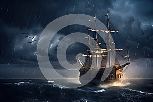 pirate ship sailing on stormy sea, with lightning and thunder in the background